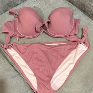 Shade & Shore Ribbed Tie-Side Bikini Set - Dusty Pink
